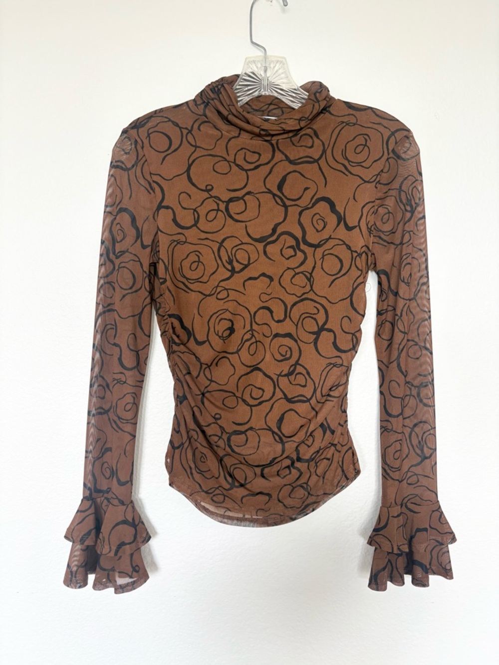 Sweet Rain Brown Y2K Sheer Floral Mesh Mock Neck Top Ruffle Cuff Size Small